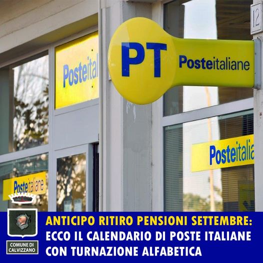 Calvizzano, anticipo ritiro pensioni settembre ecco il calendario di