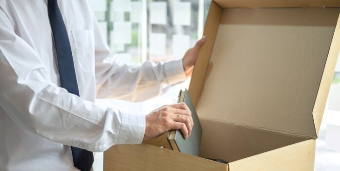 Images of stress of man employee has a brown cardboard box and i
